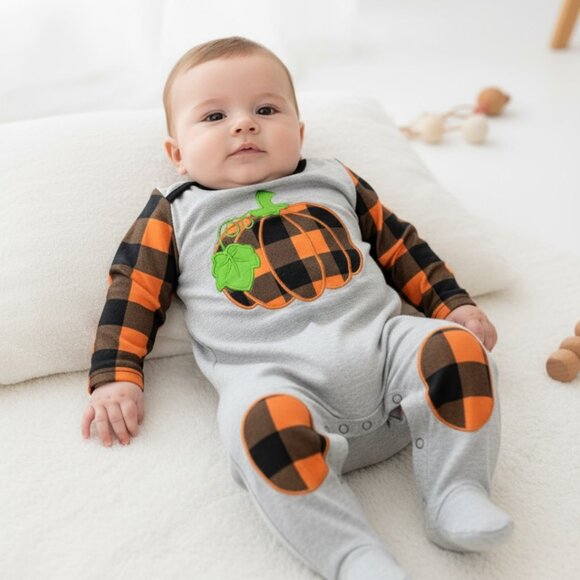 Halloween Buffalo Plaid Pumpkin Baby Romper 3β6M - Picture 1 of 4